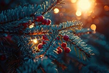 Wall Mural - A close-up view of a pine tree with berries