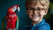 © anantachat - Veterinarian smiling warmly at a young boy holding his nervous parrot during an exam Stock Photo with side copy space
