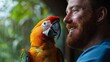 © anantachat - Veterinarian smiling warmly at a young boy holding his nervous parrot during an exam Stock Photo with side copy space