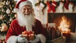 © EIKOZ - Cheerful Santa Claus by the Christmas tree with a gift box, surrounded by stockings, a sack of presents, and twinkling lights, radiating festive joy.