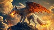© harkamat - A mythical creature with the wings and body of a wolf stands on the top of the mountain background wallpaper AI generated image