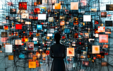 a detailed network of fake news nodes intertwined, highlighting the challenges of media literacy and