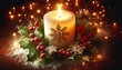 © Oxy Maru - christmas candle background with red balls and with golden lights