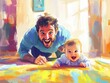 © anantachai - Vibrant painting of a cheerful father and his happy baby lying on the floor, enjoying playful bonding in bright colors.
