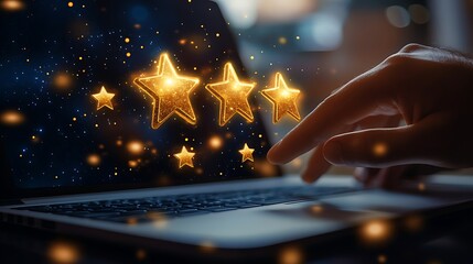 Sticker - Close up of a businessman using a laptop computer with glowing stars