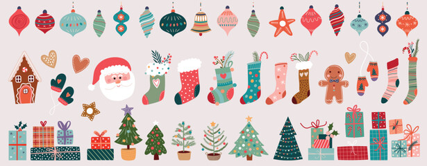 Wall Mural - winter elements collection, decorative set with christmas trees, christmas gift boxes, socks and chr