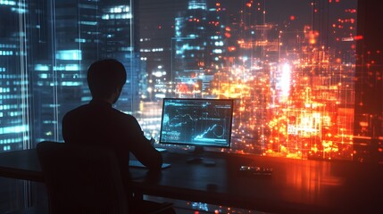 Wall Mural - a professional presenting iot-enabled lighting systems showing 3d glowing efficiency metrics paired 