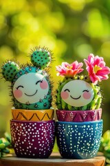 Poster - A pair of potted plants resting on a rustic wooden table