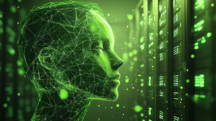 abstract female head profile, glowing green lines, futuristic server rack background.