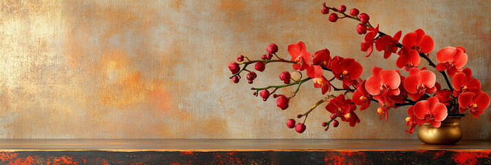 Wall Mural - A festive floral arrangement of red and gold orchids placed on an altar, honoring ancestors during the Chinese New Year, cultural significance of flowers in rituals. Horizontal banner with copy space