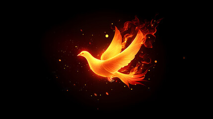 Wall Mural - A vibrant depiction of a dove on fire, symbolizing peace and transformation, set against a dark background. the image is cinematic and dramatic. Golden Phoenix Rebirth. Illustration