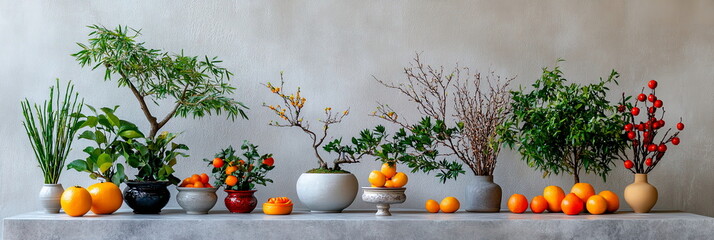 Wall Mural - A traditional Chinese arrangement of auspicious plants, including mandarin trees and bamboo, displayed on a festive table during family gathering for Lunar New Year. Horizontal banner with copy space