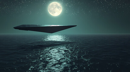 An aerial shot of a flat triangular alien spacecraft floating above a shimmering ocean under a starlit night, with a glowing full moon casting reflections. Midnight Starlit Ocean. Illustration