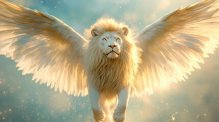 Wall Mural - majestic white lion with regal wings spread wide, surrounded by soft golden light, against a subtle 