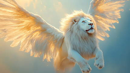 Wall Mural - majestic white lion with regal wings spread wide, surrounded by soft golden light, against a subtle 