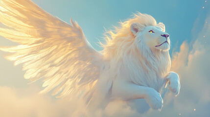 Wall Mural - majestic white lion with regal wings spread wide, surrounded by soft golden light, against a subtle 