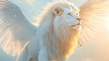 Wall Mural - Majestic white lion with regal wings spread wide, surrounded by soft golden light, against a subtle gradient blue sky, exuding serenity and divine power. Ethereal Angel Wings. Illustration