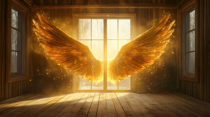 Wall Mural - majestic golden angel wings spread wide open in a wooden room with ethereal light and sparkling dust