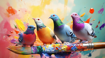 big colorful pigeons emerging from an artist s paint brush, representing the freedom of imagination