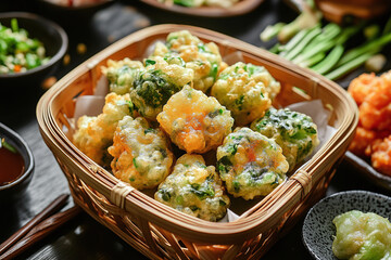 Wall Mural - Artisanal tempura autumn vegetables in bamboo basket.