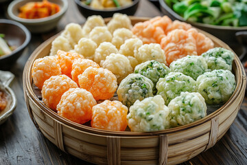 Wall Mural - Artisanal tempura autumn vegetables in bamboo basket.