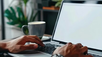 Man's hands typing on laptop computer in a room with indoor green flowers. White blank mock up empty screen display for business websites or services ads. Mock up. Copy space