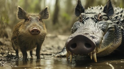 A Wild Boar and Alligator Meet at the Water's Edge