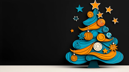 Poster - A colorful, artistic Christmas tree with swirling patterns and ornaments, set against a black background, creating a festive and modern holiday vibe.