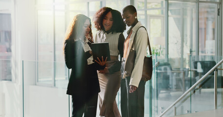 Poster - Business people, teamwork and women in office, tablet and online reading for news. Employees, empowerment and group in workplace, tech or cooperation with digital app for social media or website info