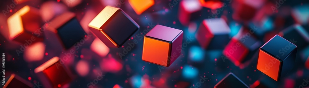 Dynamic composition of glowing cubes with futuristic patterns, soft ...
