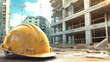 © Anoo - Yellow hard hat rests on the ground at a bustling construction site beneath a bright sky, symbolizing safety and progress in urban development