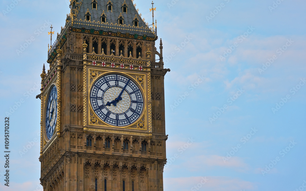 Big Ben tower clockface on Great Clock of Westminster parliament houses ...