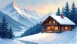© Mr.Pancho Store - Peaceful alpine chalet nestled among snowy peaks, with a warm glow in windows and a blank area in the middle