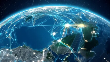 Rotating planet with neon lines connecting various points, symbolizing worldwide information transfer