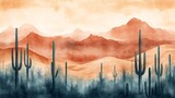 Watercolor desert landscape with cacti and mountains at sunset.