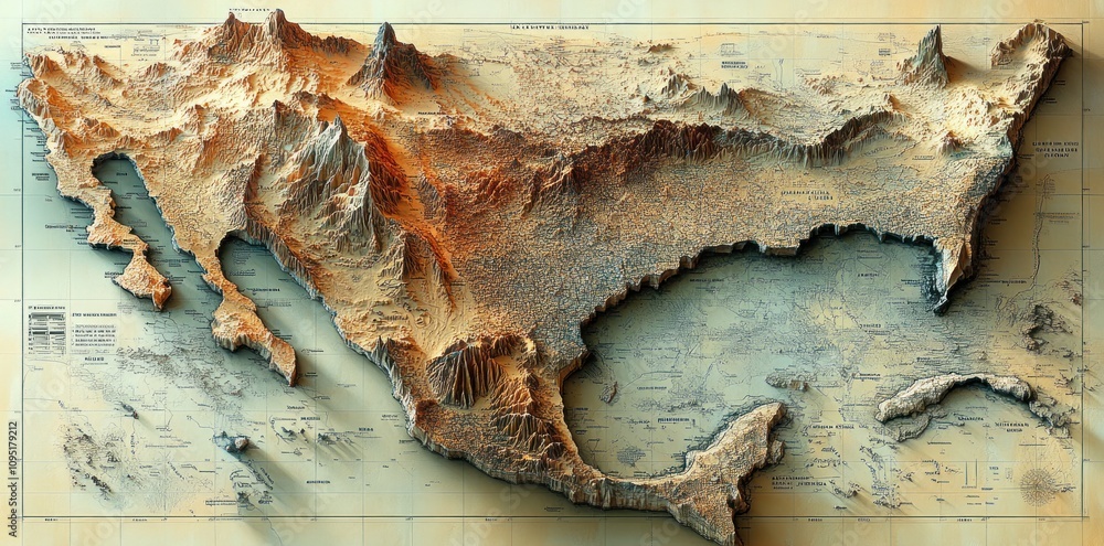Three Dimensional Topographical Map Of Mexico And Surrounding Areas