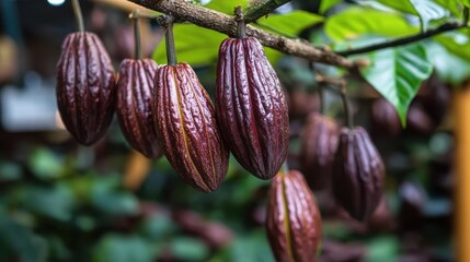 Wall Mural - A close-up shot of ripe cocoa pods hanging from a tree, showcasing their rich brown color and detailed texture in a lush garden setting