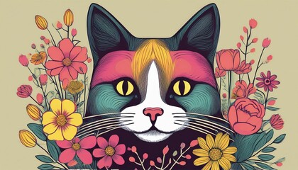 Wall Mural - cat with flowers postcard