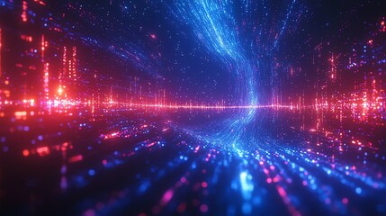 Abstract digital landscape with glowing blue and red data points, futuristic network, low angle, deep focus, cyber world