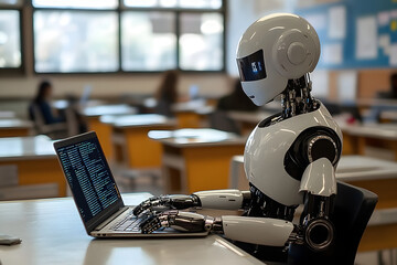 Wall Mural - humanoid robot using laptop at desk in classroom, robot, classroom, ai, artificial, teacher, intelli