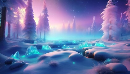 Wall Mural - enchanted winter wonderland with bioluminescent snow crystals ethereal mist and otherworldly ice for