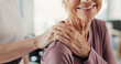 © peopleimages.com - Physiotherapy, holding hands and healthcare with senior woman, smile and empathy for medical advice. Physical therapy, recovery and rehabilitation with happy patient and doctor for clinic support