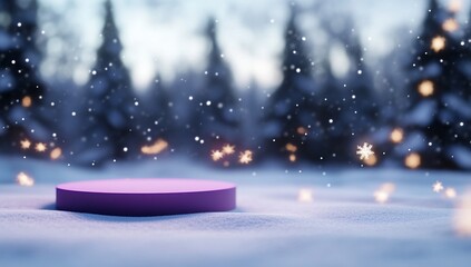 Wall Mural - A purple platform in a snowy landscape with falling snowflakes.