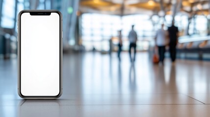 Mobile phone with a blank white screen, blurred airline staff and passengers in the background, bright airport terminal light.