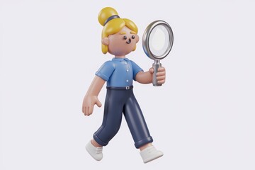 Aufkleber - A 3D cartoon girl walks while holding a magnifying glass  symbolizing search and investigation.