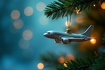 close up of a plane hanging from a christmas tree, with soft bokeh lights in the background