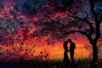 silhouette of loving couple hugging vibrant colorfull background with tree shadows  kissing beautiful evening sky