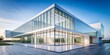 © Yellow Blossom - Modern Glass Facade Building with Blue Sky and Stone Pavement, Architecture, Commercial Building