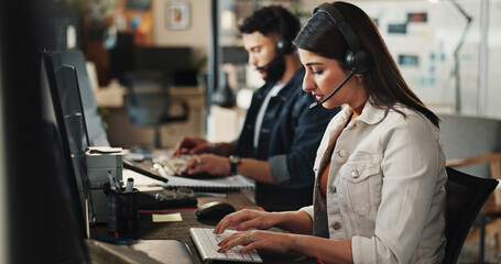 Aufkleber - Business woman, consultant or typing with headphones at call center for desktop support, tech solutions or web assistance. Female person, employee or coworking on computer for online customer service