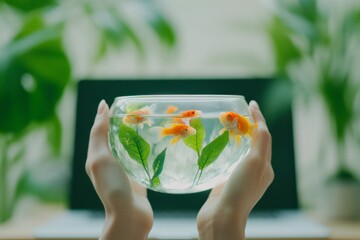 Sticker - Colorful koi fish in a glass bowl held by a woman in a bright home workspace surrounded by greenery